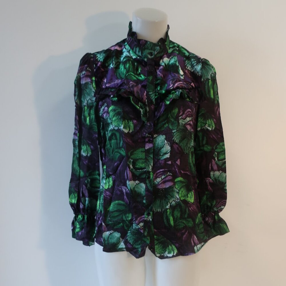 Womens Sandro Paris Black, Green, Purple Floral Button Down Blouse 1/S